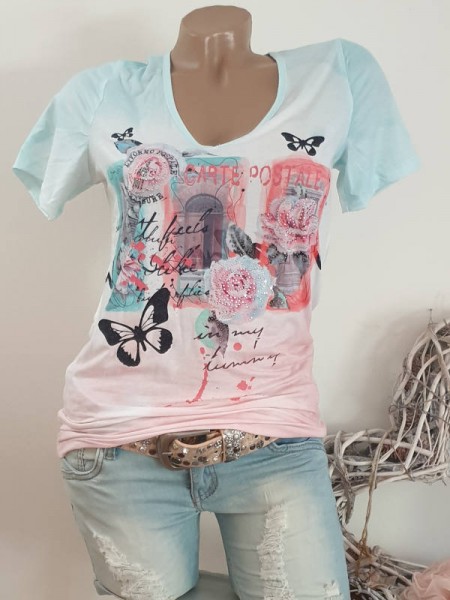 V-Neck MISSY T-Shirt Shirt S 36 Romantik Print NEU