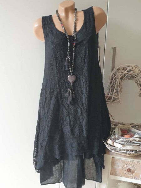2-lagiges Stufenkleid Tunika Kleid Dress schwarz Made in Italy Lagenlook Stickerei Spitze Musselin 3