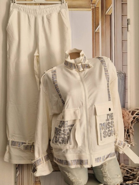 Edler MISSY 2Tlg L 40 Jogginganzug Anzug weiss viele Glitzersteinchen Schnallen Hose + Kapuzenjacke