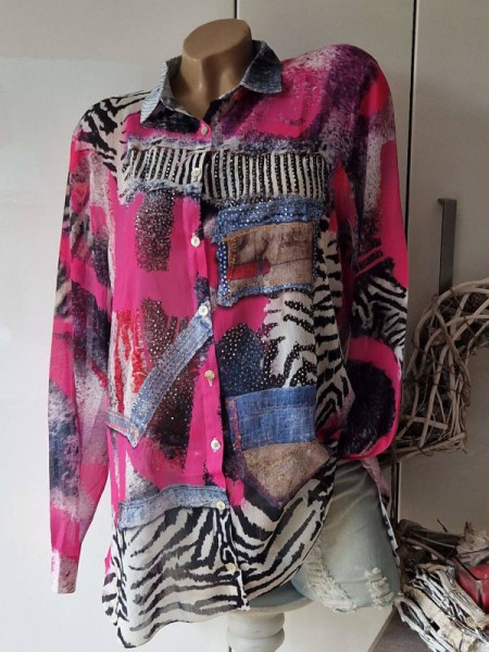 Hemdbluse MISSY Bluse XL 42 Tunika Jeans Animal weiss pinker Print Glitzer Nieten NEU