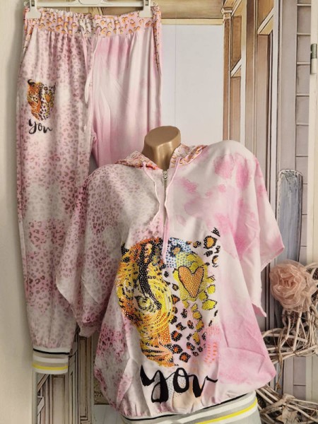 MISSY 2Tlg L 40 Jogginganzug Anzug rosa Tiger Leo Joggpants Hose + Kapuzen Hoodie Tunika Glitzer Neu