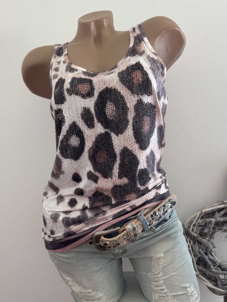 MISSY L 40 Trägertop Top Longtop Leoprint cremweiss beige braun Mix altrosa Glitzer Nieten Neu