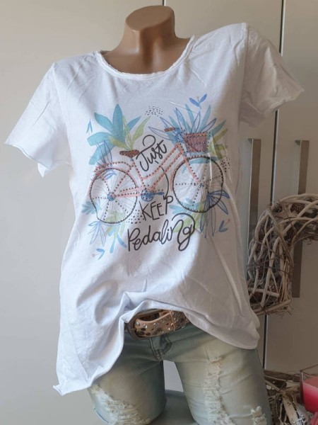 T-Shirt Shirt Shabby Flower Fahrrad Print 36 38 40 Tunika Italy Neu Glitzer Nieten unfinished