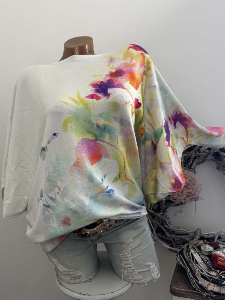 MISSY Feinstrick Fledermauspulli Pullover weiss aquarell floral bunt Glitzernieten Onesize 38-44