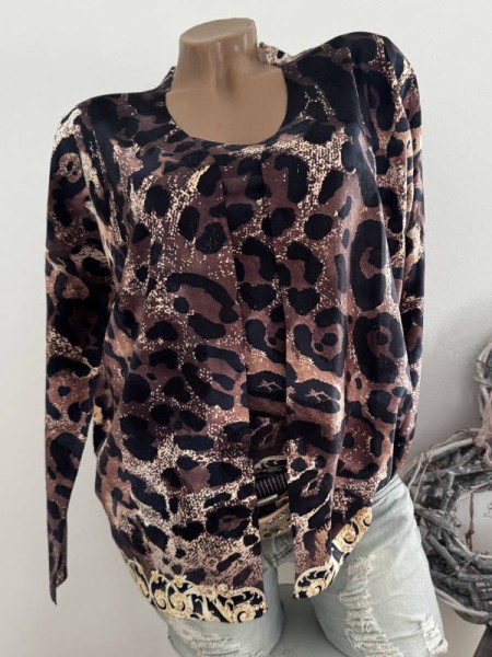2tlg Set MISSY S/M 36 38 Animal Leo beigebraun schwarz Mix Jacke Cardigan + Glattstrick Longtop