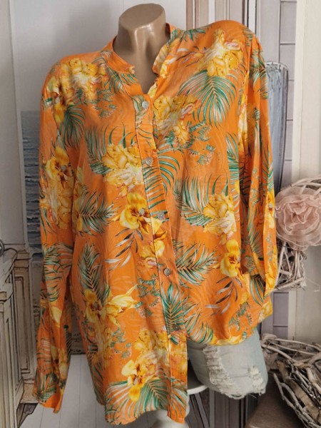 40-44 Tunika Hemdbluse Bluse Made in Italy kragenlos orange Tropical Print NEU