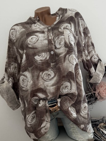 Musselin Tunika Bluse gemustert 38-44 braun Floral Made in Italy Fischerhemd Baumwolle