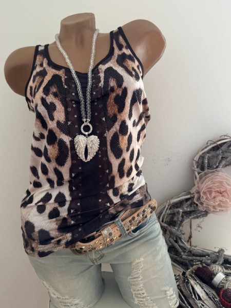 MISSY S 36 Trägertop Top Longtop Leo Muster Glitzer Nieten Neu