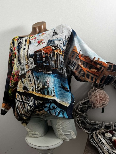 Tunika 36-42 Fledermausarm Feinstrick Venedig Lagune Tunika Pulli bunt NEU Made in Italy 1/2 Arm