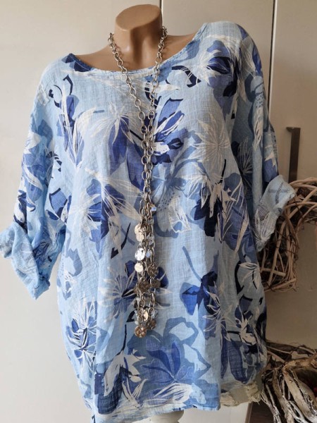 Bluse Tunika floral blau gemustert Leinenoptik Made in Italy Neu 44-48