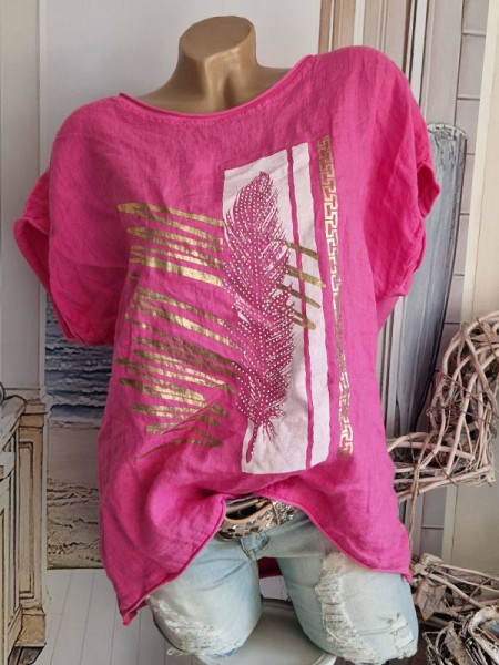 Tunika 38 40 42 Shirt 50% Leinen pink Print Nieten NEU Made in Italy