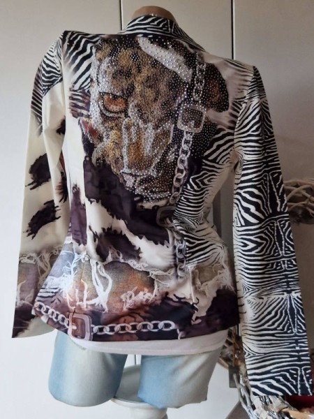 XL 42 Cooler Blazer MISSY Kurzblazer Neu Jackett Jeans Tiger Ketten Print Glitzer Nieten