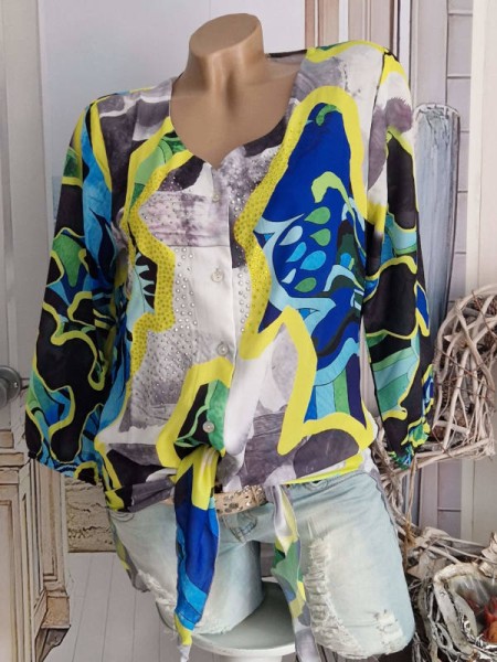 XL 42 Tunika MISSY Bluse Hemdbluse vorne zum binden leuchtendes blau/bunt Glitzer NEU