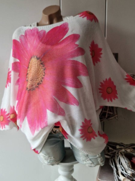 Tunika 38-42 Fledermausarm Margeriten Print Feinstrick Pulli NEU Italy Made in Italy