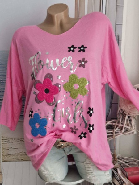 Tunika Feinstrick candy rosa Shirt 3/4 Ärmel Blumen Print 40-44 NEU Made in Italy