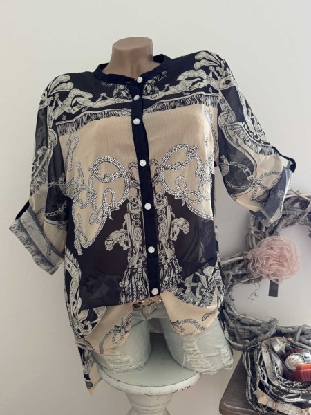 Bluse Missy M/L 38 40 Turn up Ärmel kragenlos Ornamente beige schwarz Print Glitzer Steinchen Neu