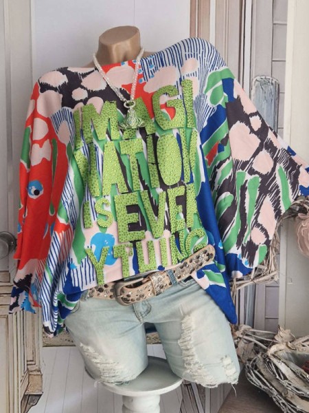 Feinstrick Pullover bunt Pulli Onesize 38-44 MISSY Letterprint "Fantasie ist alles" Tunika Fledermau