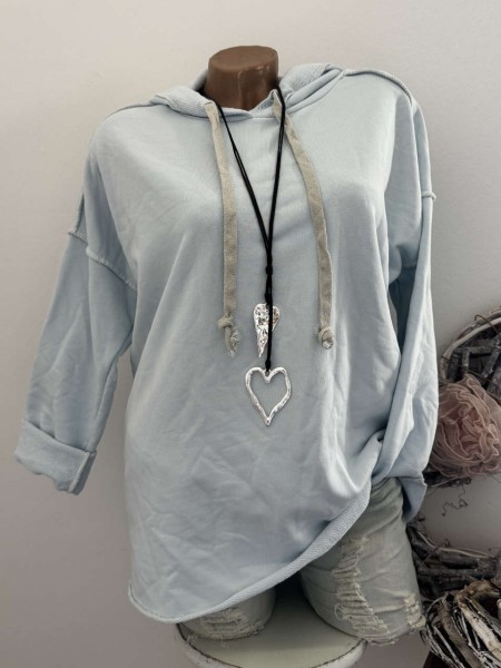 Baumwolle Sweatshirt Hoodie hellblau Bindebändchen Kapuze Tunika Made in Italy 38-42 NEU