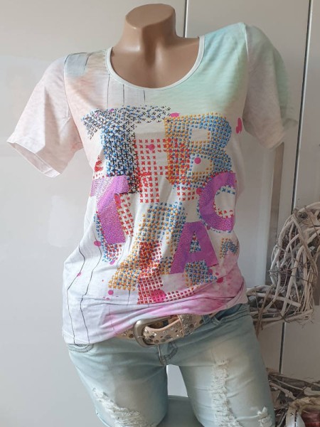S 36 MISSY T-Shirt Shirt bunt türkis pink lila Metallic Print Glitzer Nieten bunt NEU