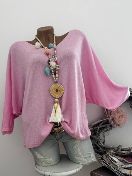 rosa Tunika Glattstrick Pullover Oversized Italy 38-42 Fledermausarm 1/2 Arm