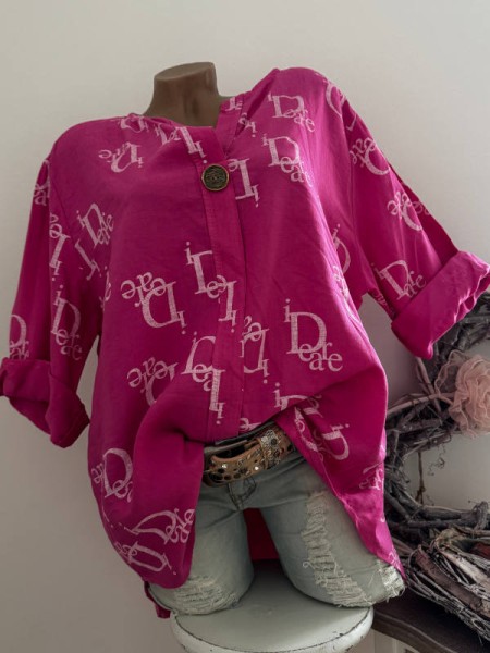 Bluse Tunika Baumwolle grosser Knopf pink weiss gemustert 38-42 Made in Italy NEU