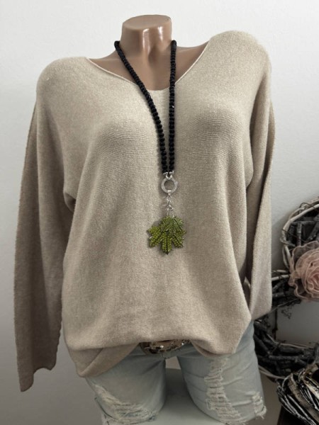 V-Neck Flausch Pullover Pulli beige 40-44 Neu Tunika Made in Italy