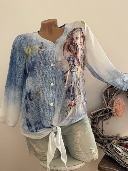 MISSY Tunika XL 42 Bluse Hemdbluse Frau und "what do you want" Spruch vorne zum binden Nieten NEU
