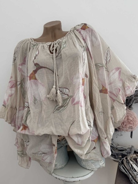 Tunika Bluse 38 40 42 44 46 weite Ärmel beige floral