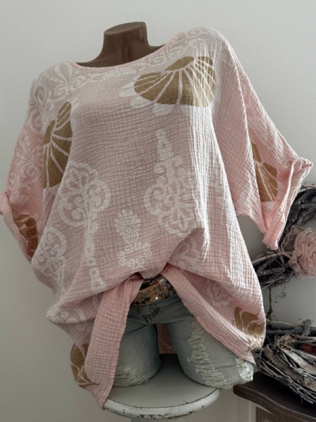 Bluse Tunika rosa gemustert Musselin Baumwolle Made in Italy Neu 40-44