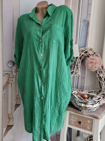 Hemdblusenkleid Kleid mit Taschen Made in Italy grün Musselin Baumwolle 38-42