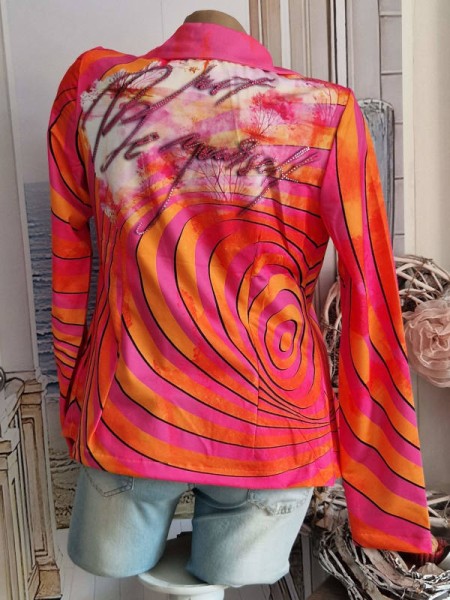 Blazer MISSY M 38 Kurzblazer Jackett pink orange schwarz Schriftzug Glitzer Steinchen