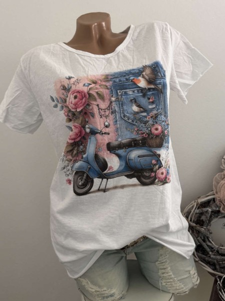 T-Shirt Shirt Scooter Vögel Blumen Frühling Sommer 36 38 40 42 Italy Nieten NEU weiss
