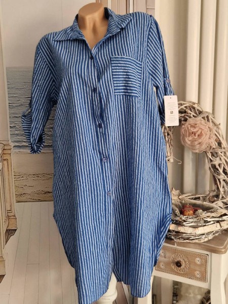 Long Hemdbluse Bluse Hemdblusenkleid Made in Italy blau/weiss Leinenoptik 38-42