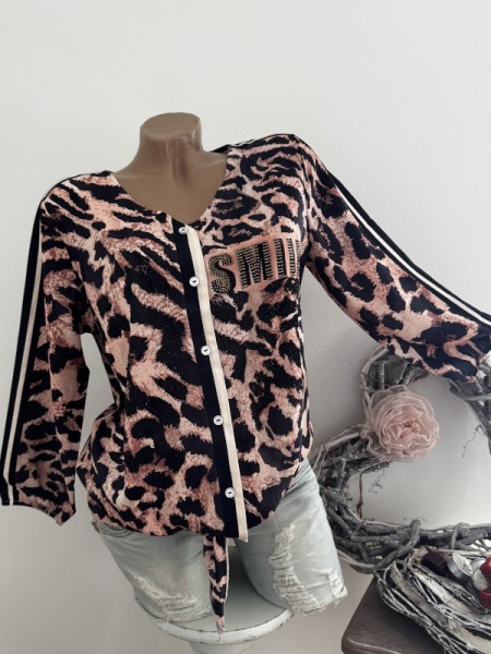 MISSY XL 42 Bluse Hemdbluse Tunika Animalprint schwarz Smile Leopard Glitzer Nieten NEU