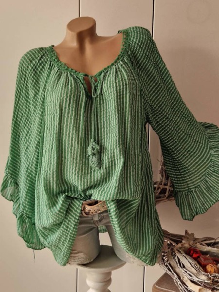 Tunika Bluse grün weiss zart gestreift Baumwolle weite Ärmel 38-48 Made in Italy