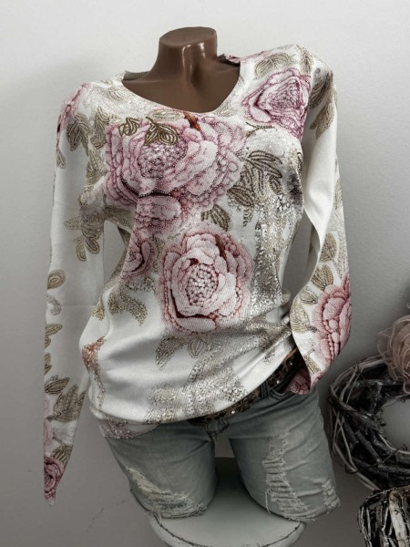 MISSY Pulli S/M 36 38 Pullover Neu Glitzernieten weiss floral Blumen gemustert
