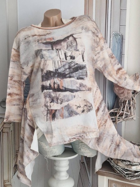 Zipfelige MISSY Tunika S 36 Feinstrick Shirt beige grau weiss schwarz Glitzer Nieten Neu