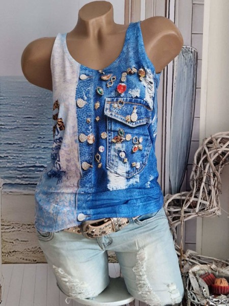 MISSY L 40 Longtop Top NEU Trägertop Shirt Jeansblau Destroyed kleine Anhänger Print Glitzer Nieten