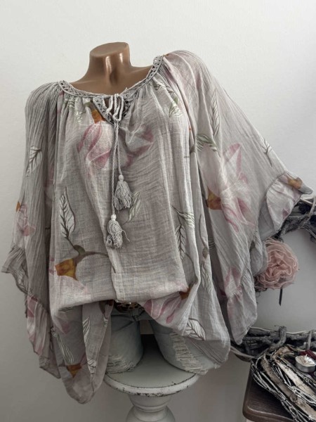 weite Ärmel schlamm floral Tunika Bluse 38-48 Baumwolle Made in Italy