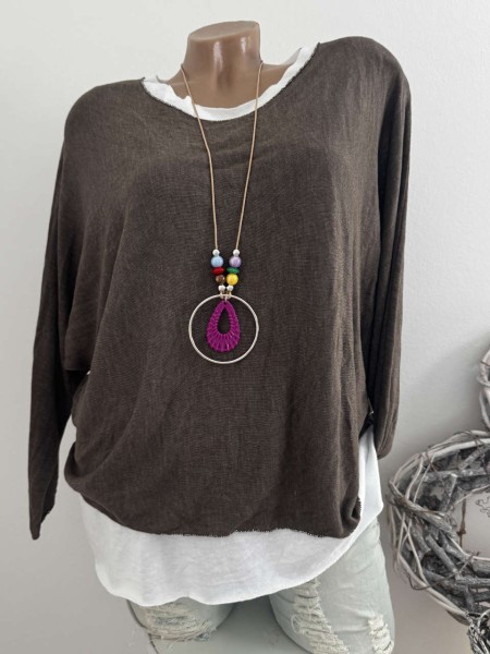 3tlg Tunika mit Top und Kette schoko braun/weiss Langarmshirt Made in Italy NEU 38-42