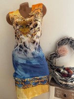 Etuikleid XL 42 MISSY Stretchkleid Kleid NEU Brokatprint blau weiss gelb Glitzer Steinchen Etuikleid XL 42 MISSY Stretchkleid Kleid NEU Brokatprint blau weiss gelb Glitzer Steinchen