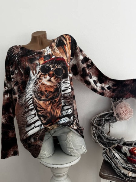 Longsleeve Feinstrick Tunika bunt Katze mit Brille rote Mütze 40-44 Made in Italy