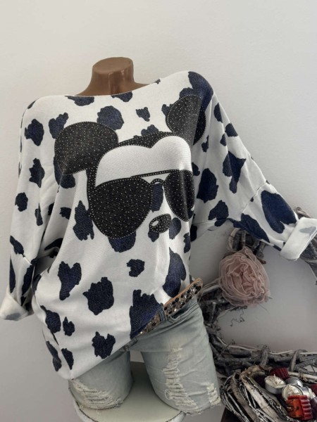 Feinstrick Longsleeve Flausch 38 40 42 Angora NEU Mouse Brille weiss dunkelblau Made in Italy