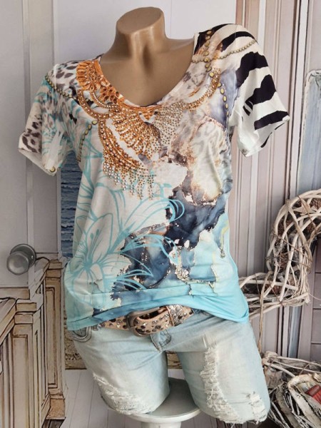 MISSY M 38 T-Shirt V-Neck weiss schwarz hellblau helltürkis Animal Glitzer Nieten Tunika Shirt NEU L