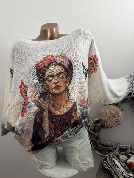 Tunika 36-42 Fledermausarm Feinstrick Frida Motiv Tunika Pulli bunt NEU Made in Italy 1/2 Arm