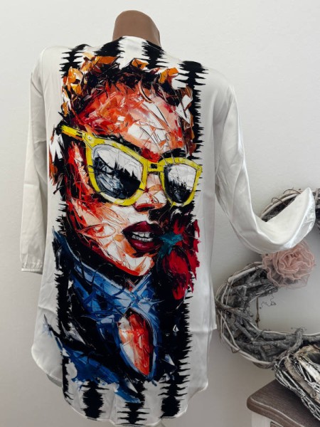MISSY S 36 Tunika vorne zum binden Bluse Hemdbluse Graffiti Faceprint weiss bunt Nieten NEU