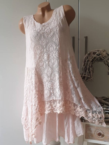 Lagenlook Tunika Kleid Musselin rosa 2-lagig Stufenkleid Dress 38-42 Made in Italy Stickerei Spitze
