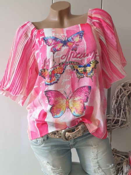 pink Schmetterlinge Tunika Shirt MISSY S 36 weite gekreppte Schmetterlingsärmel Glitzer Neu