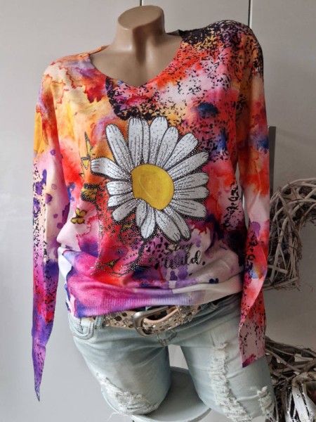 V-Neck MISSY S/M 36 38 Feinstrickpulli Pullover Margerite Blume bunt gemustert Neu Glitzer Nieten
