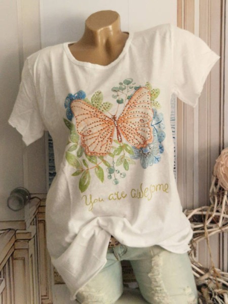 T-Shirt Shirt 36 38 40 42 floraler Schmetterling Italy Nieten NEU weiss